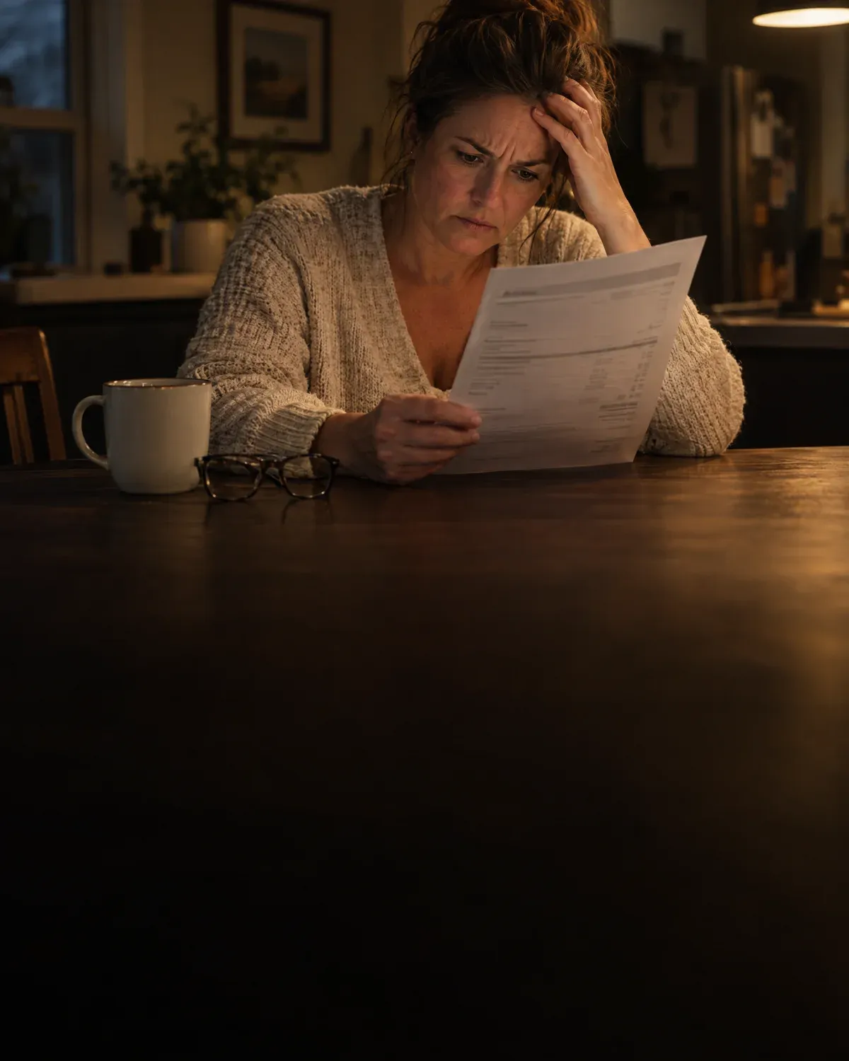 A homeowner at a kitchen table frowning at a pest control invoice