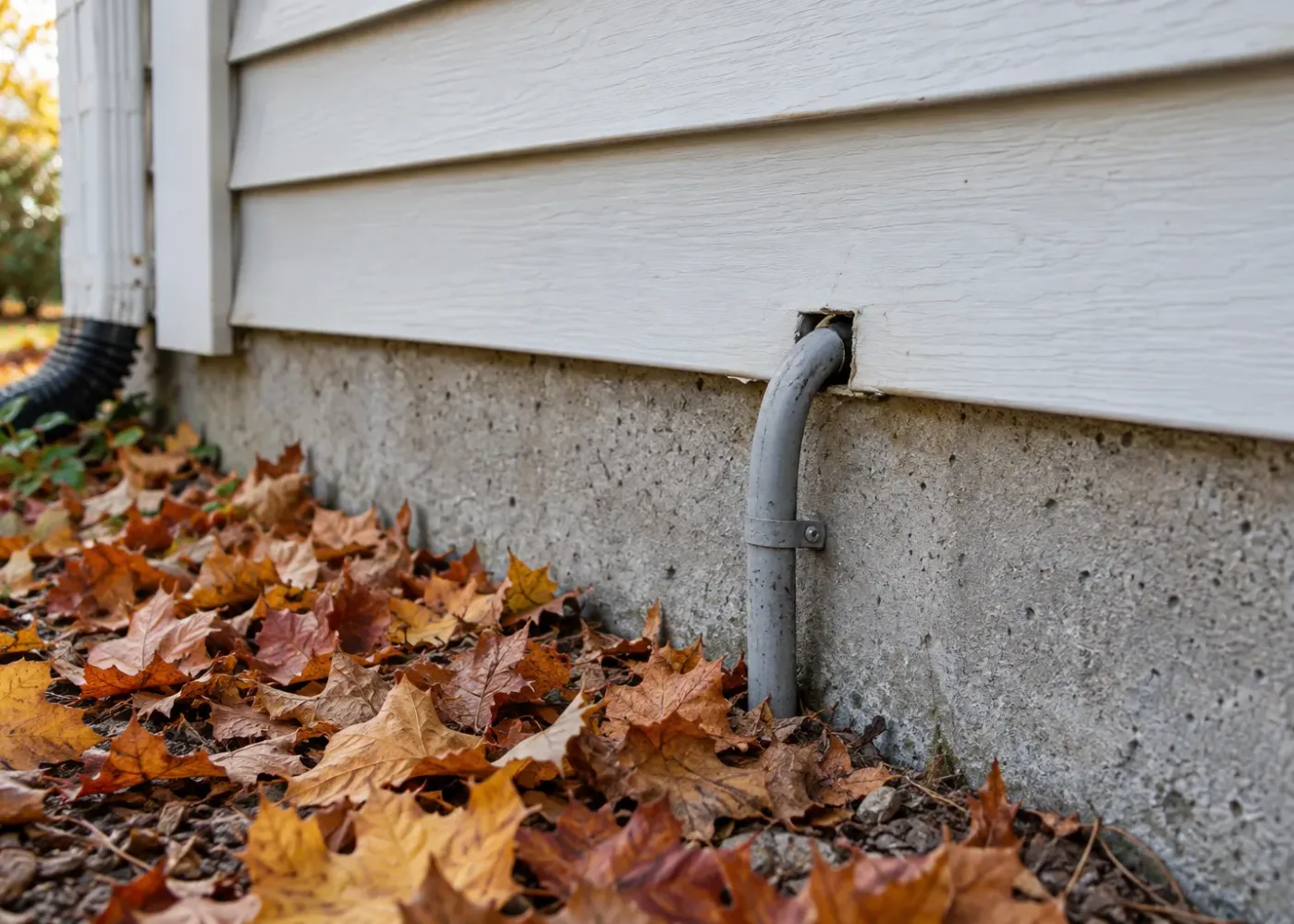 Leaves against a house foundation in autumn