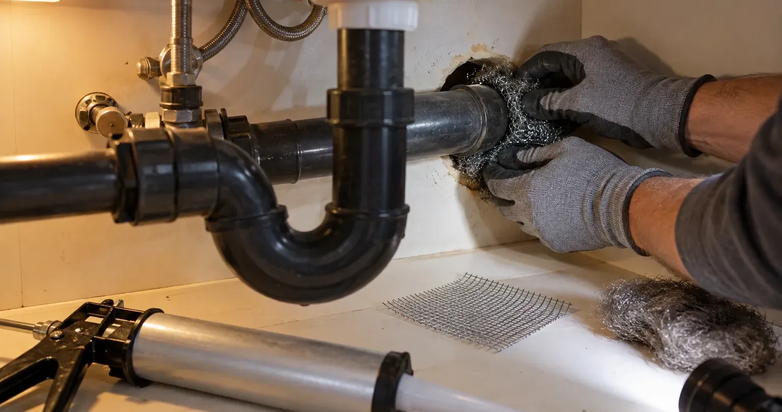Gloved hands packing metal mesh around a pipe under a sink