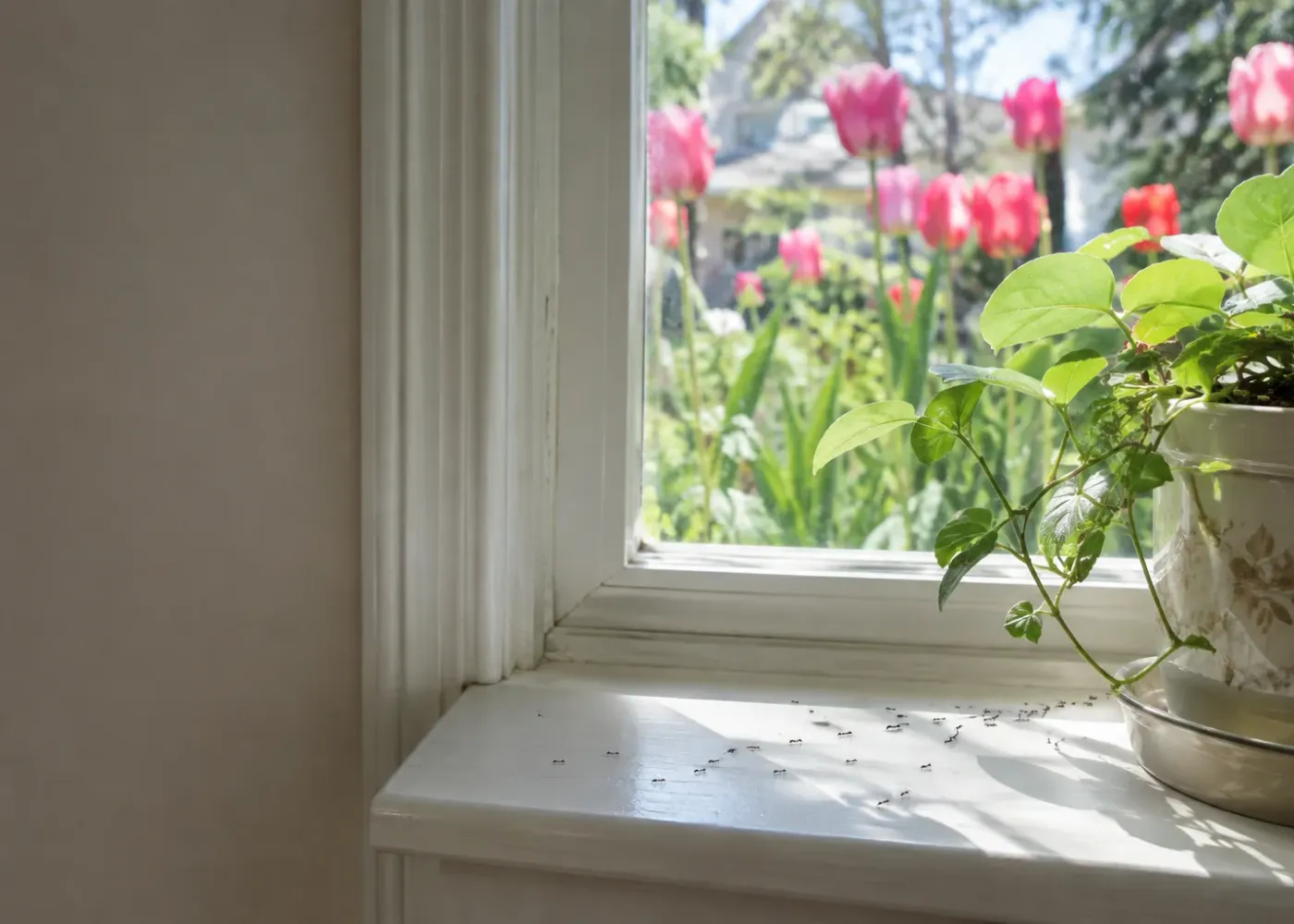 A trail of ants on a kitchen windowsill in spring