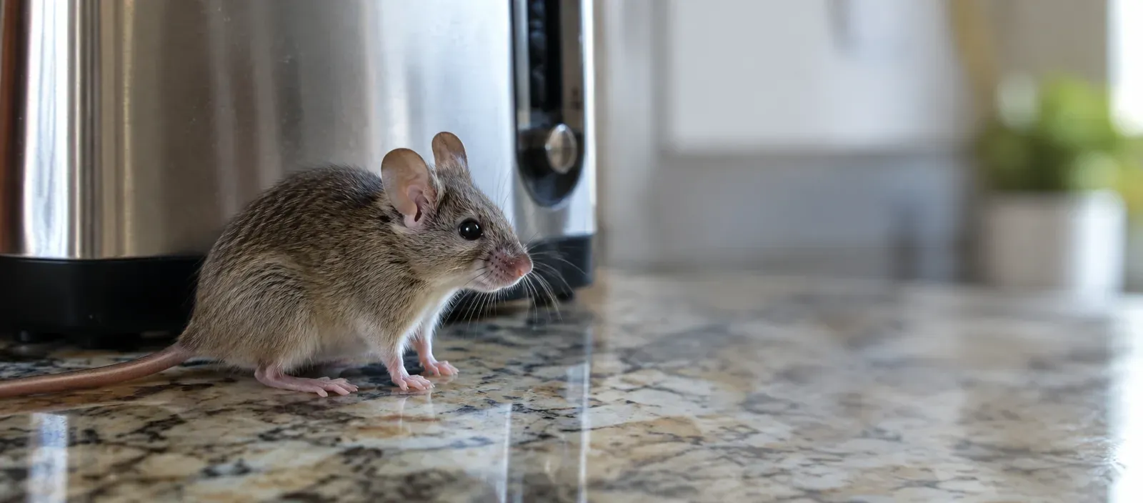 A house mouse on a kitchen counter